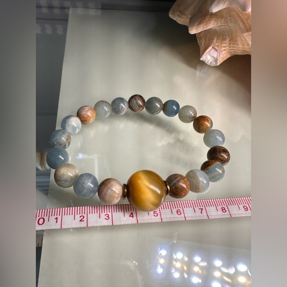 LEMURIAN AQUATINE + YELLOW TIGERS NATURAL STONES BRACELET size 7” - Picture 8 of 10